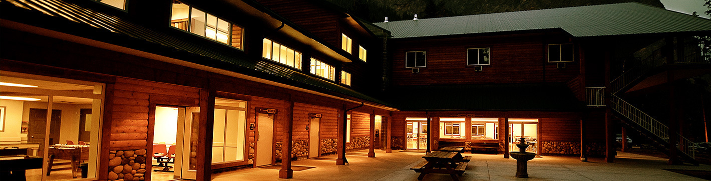 side shot of the main building at night